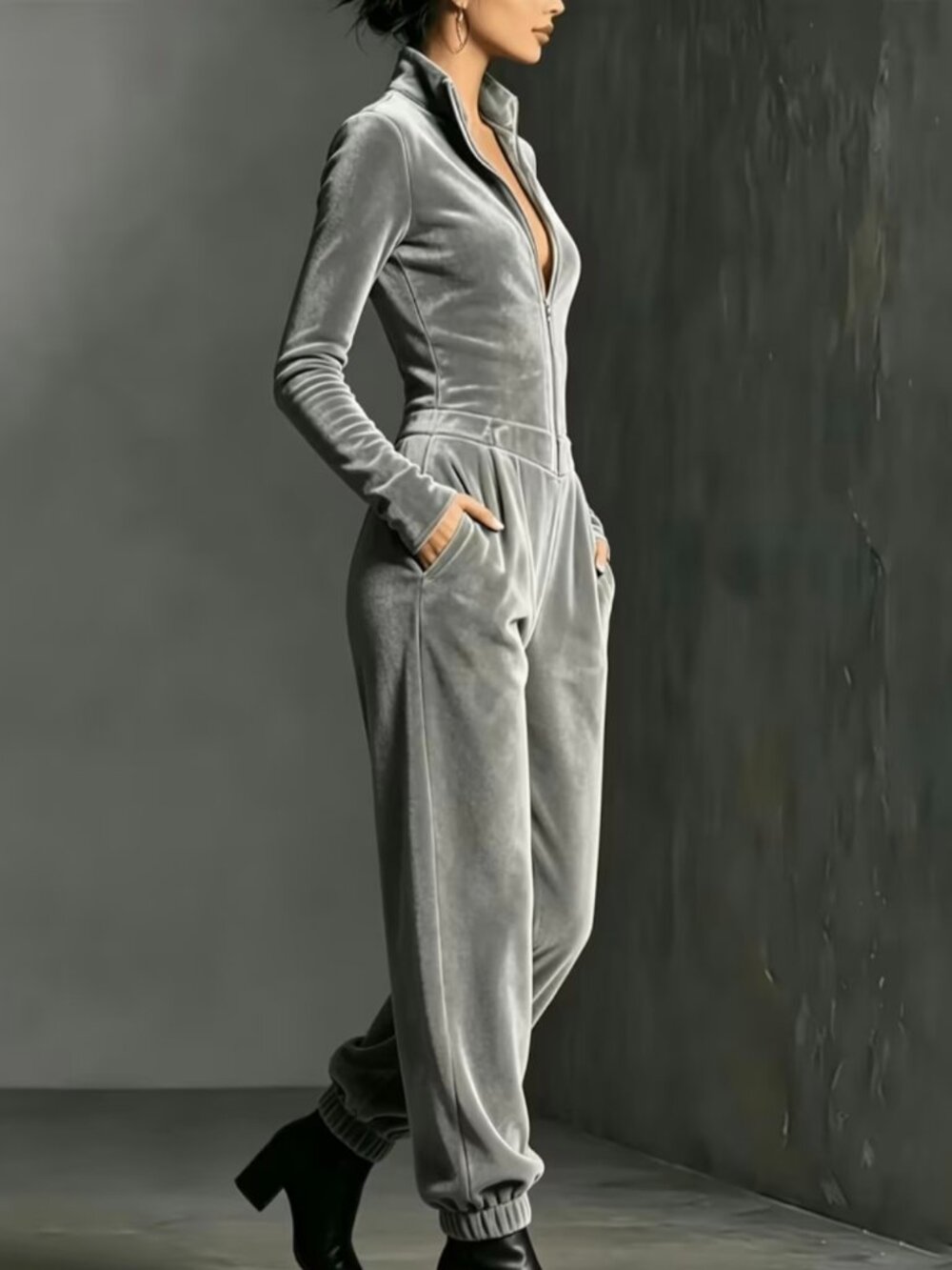 Women'S Elegant Jumpsuit, Stand Collar, Half Zipper, Slim Fit, Tapered Leg Casua - Picture 2 of 3